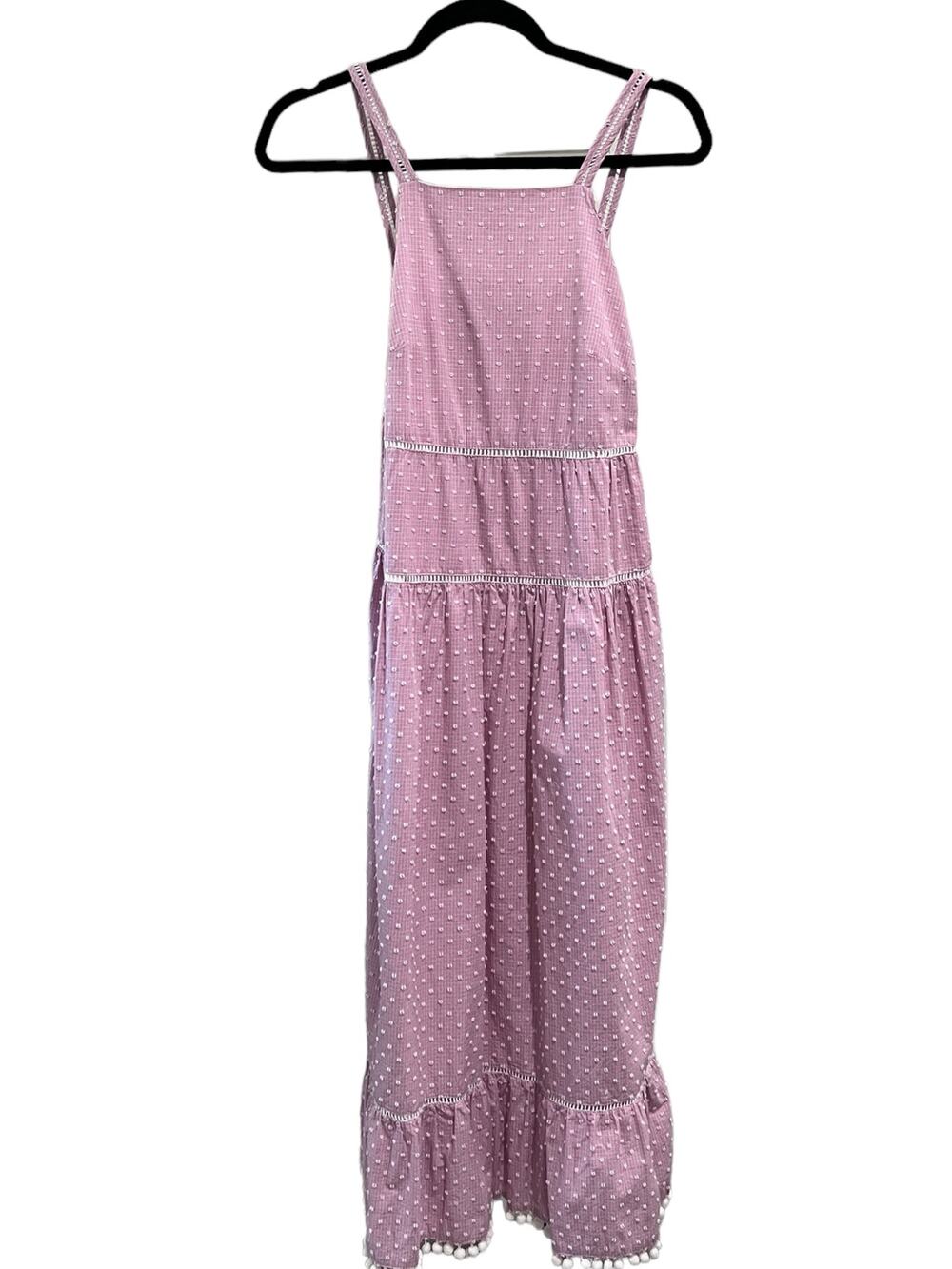 Maggy London Pink Swiss Dot Tiered Midi Pom-Pom Sundress Size 2 Coquette Cottage